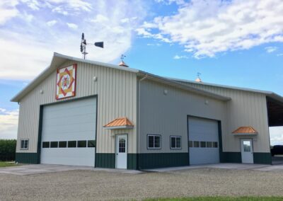 Commercial building with a garage door.